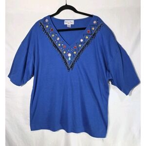 Naomi Bee Beaded Fringe Top Womens 44‎ XL Blue Jewel Embellished V-Neck